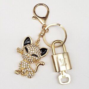 LV Authentic Gold Lock & Key 🔑 Luxury Bag Charm w/ Unbranded Cat Keychain